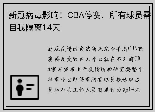 新冠病毒影响!CBA停赛,所有球员需自我隔离14天