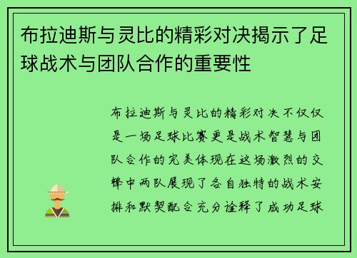 布拉迪斯与灵比的精彩对决揭示了足球战术与团队合作的重要性