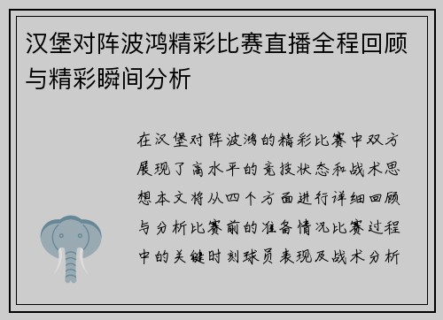 汉堡对阵波鸿精彩比赛直播全程回顾与精彩瞬间分析