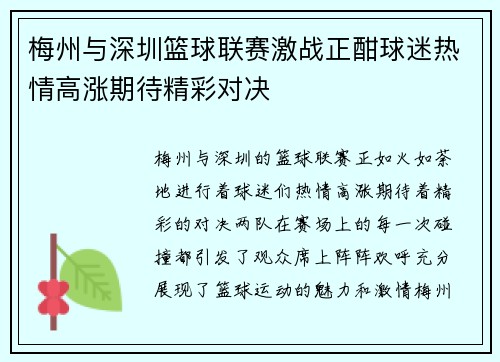 梅州与深圳篮球联赛激战正酣球迷热情高涨期待精彩对决