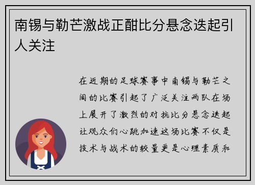 南锡与勒芒激战正酣比分悬念迭起引人关注