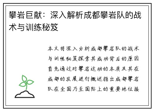 攀岩巨献：深入解析成都攀岩队的战术与训练秘笈