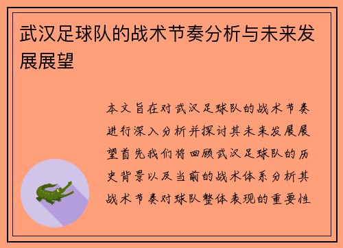 武汉足球队的战术节奏分析与未来发展展望